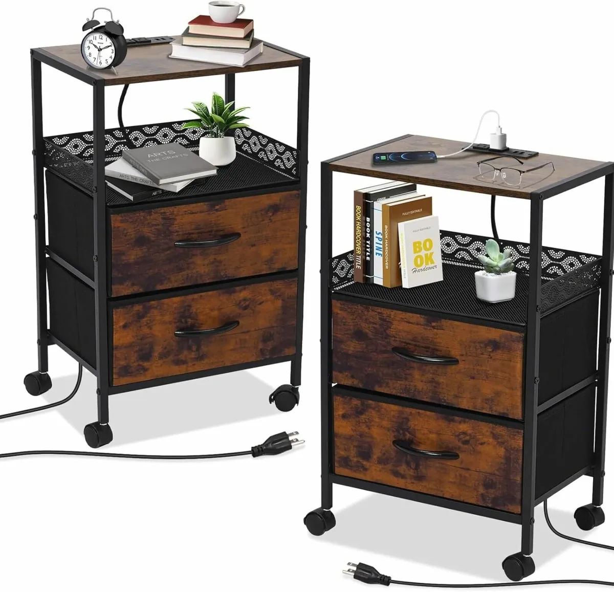 Slim Bedside Table Set of 2 with Charging Station - Image 1