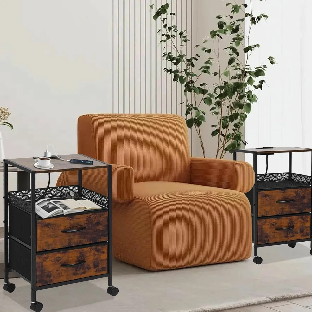 Slim Bedside Table Set of 2 with Charging Station - Image 2