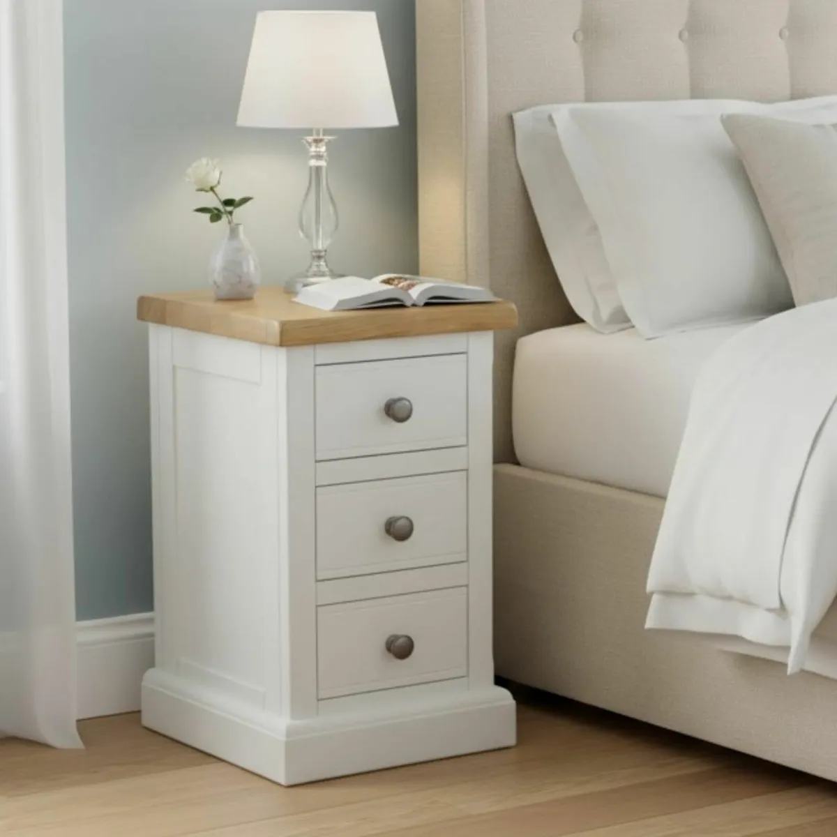 urniture Painted White Bedside Table 3 Drawers - Image 1