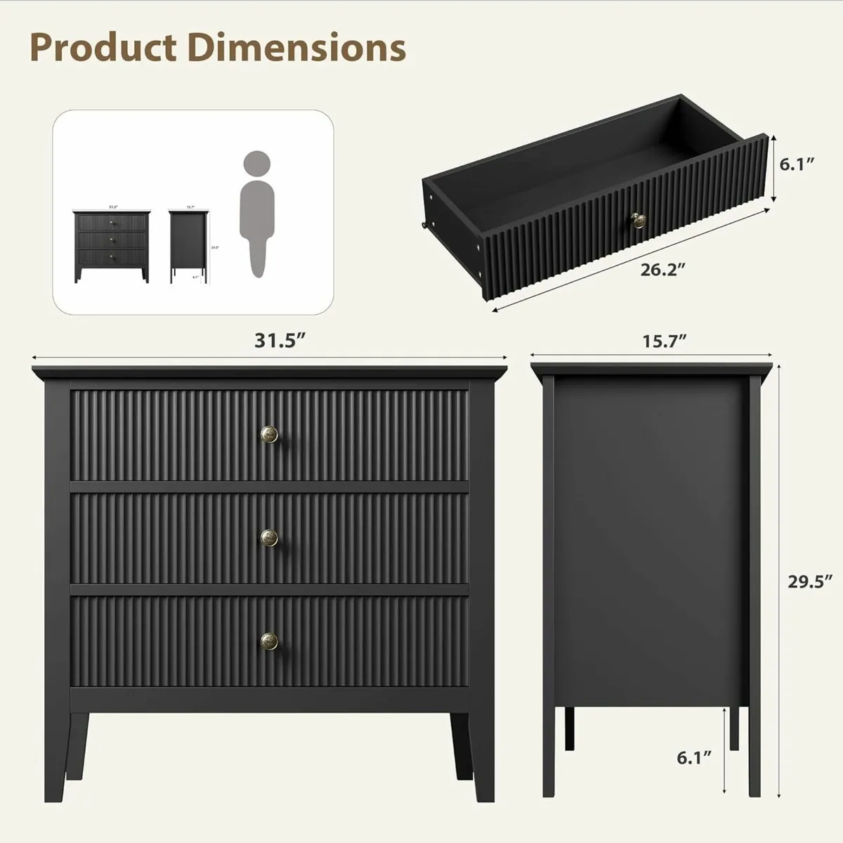 Fluted Dresser for Bedroom 31.5 Large Nightstand - Image 2