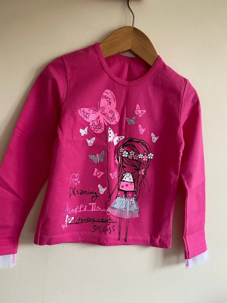Girls Brand New Long Sleeve Hot Pink ButterflyTop - Image 3