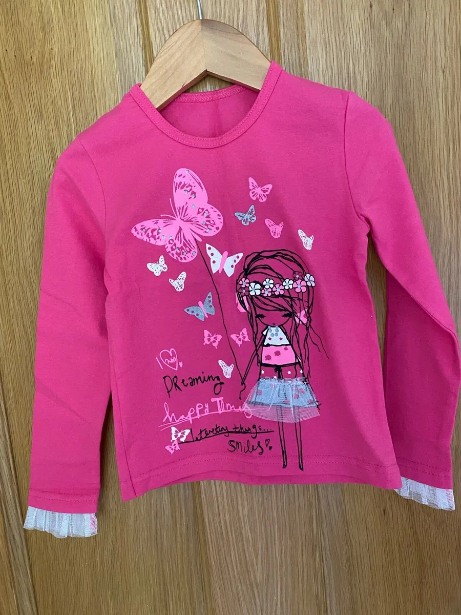 Girls Brand New Long Sleeve Hot Pink ButterflyTop - Image 1