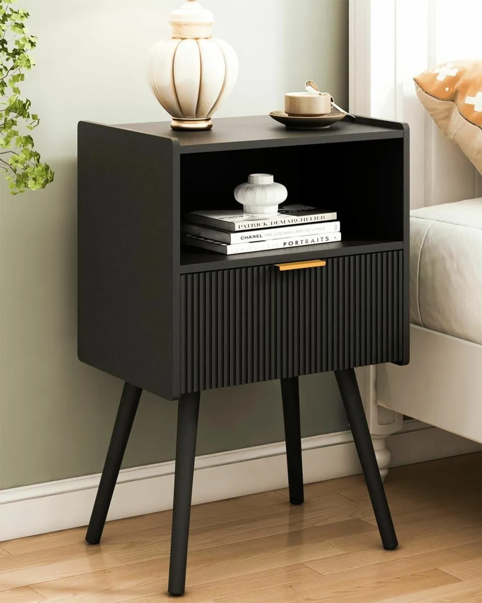 Modern Bedside Table with Storage Drawer and Open - Image 1