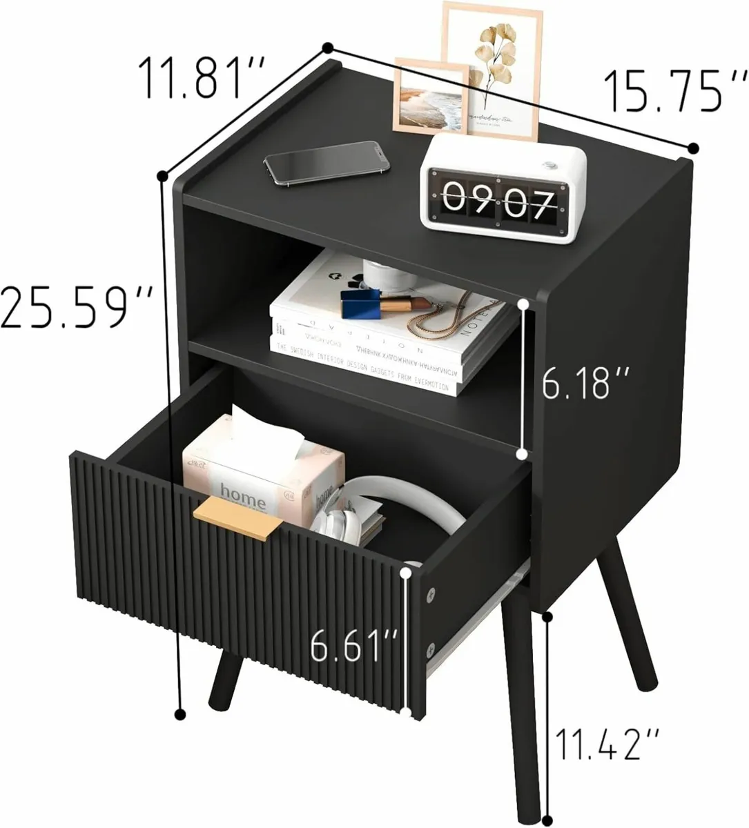 Modern Bedside Table with Storage Drawer and Open - Image 2