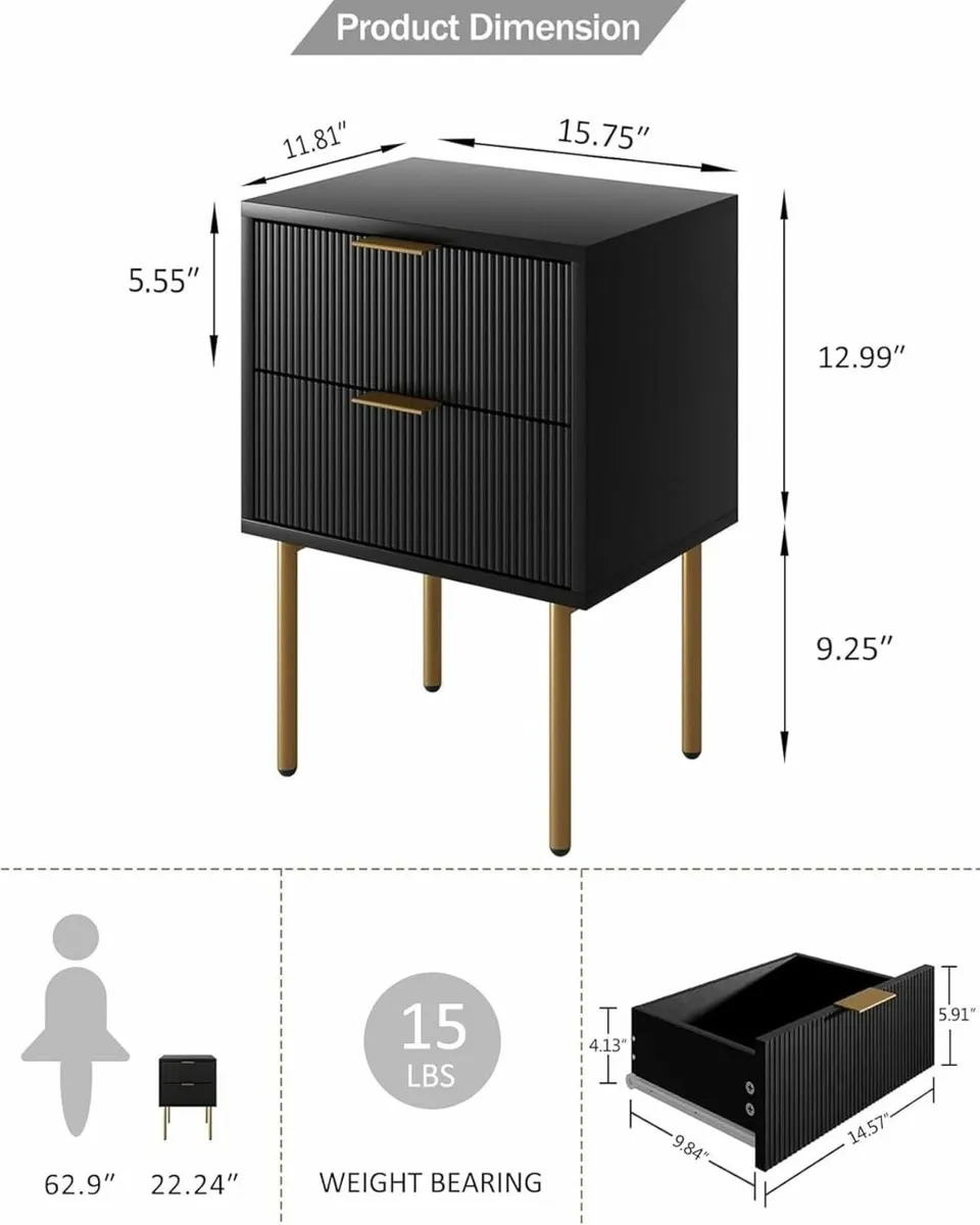 Bedside Table Small Tables with 2 Drawers Wooden - Image 2