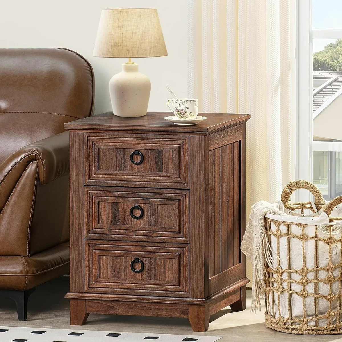 Farmhouse Nightstand 16 Inch End Table with 3 - Image 1