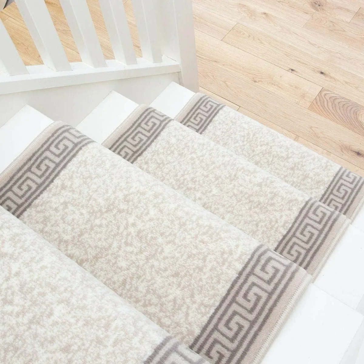 Soft Cream Stair Carpet Durable Grey Aztec Border - Image 2