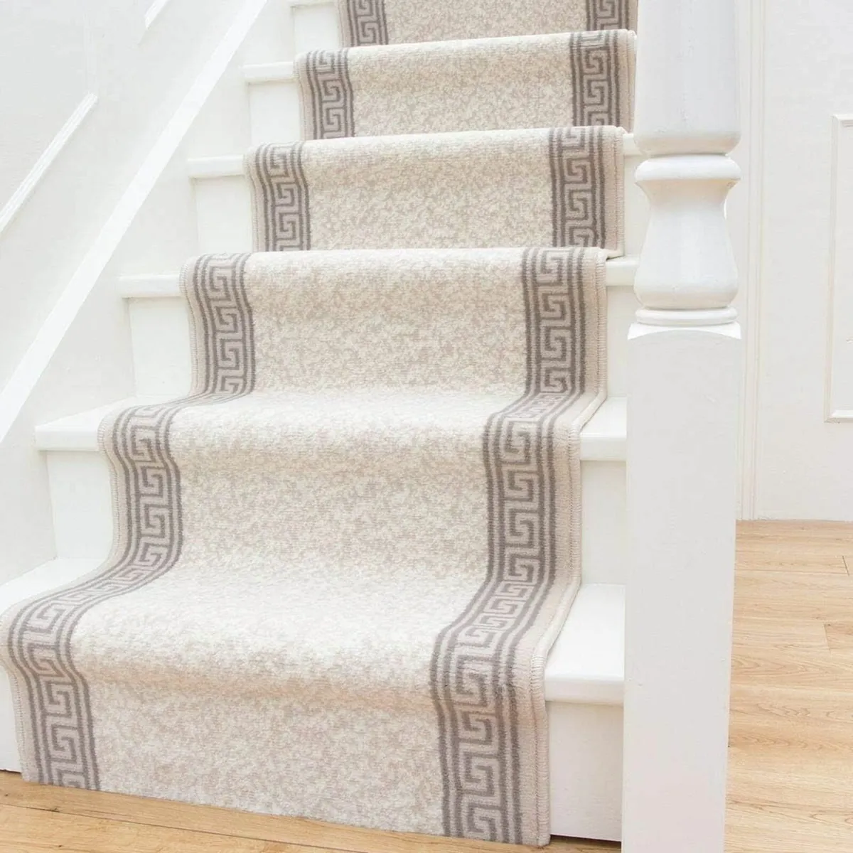 Soft Cream Stair Carpet Durable Grey Aztec Border - Image 1