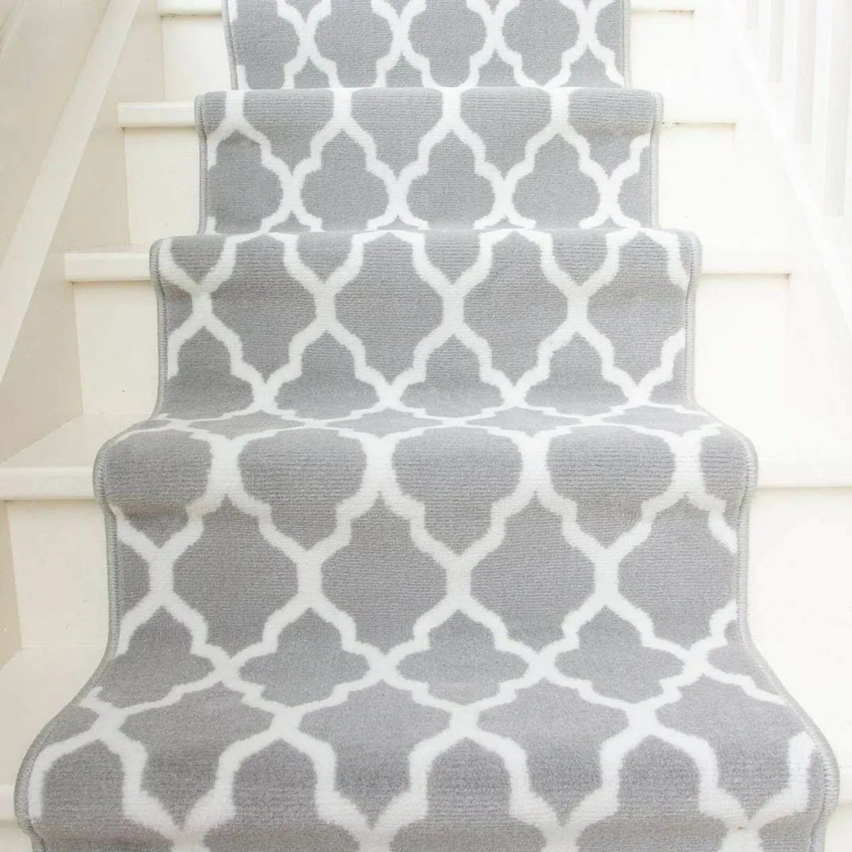 Modern Grey Geometric Trellis Stair Carpet Cream - Image 2