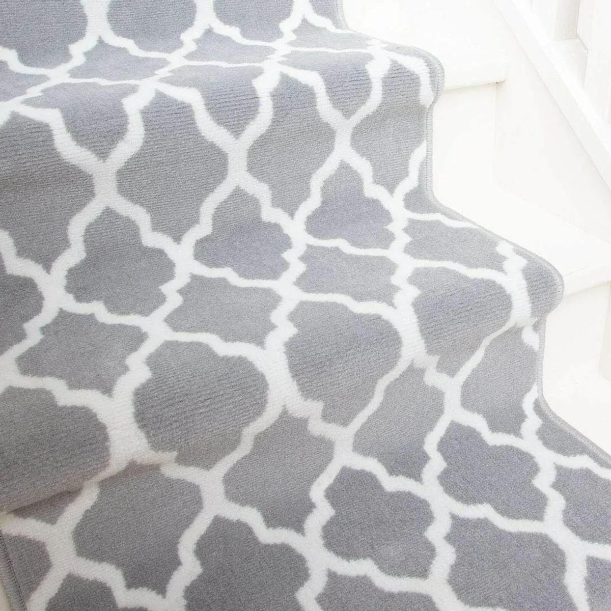 Modern Grey Geometric Trellis Stair Carpet Cream - Image 3
