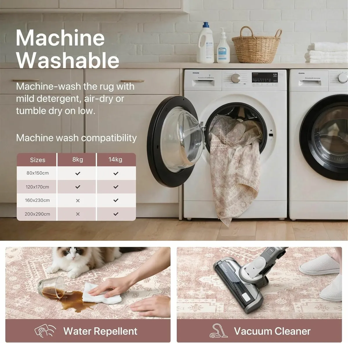 Rugs Living Room 160x230cm Large Washable Pink - Image 3