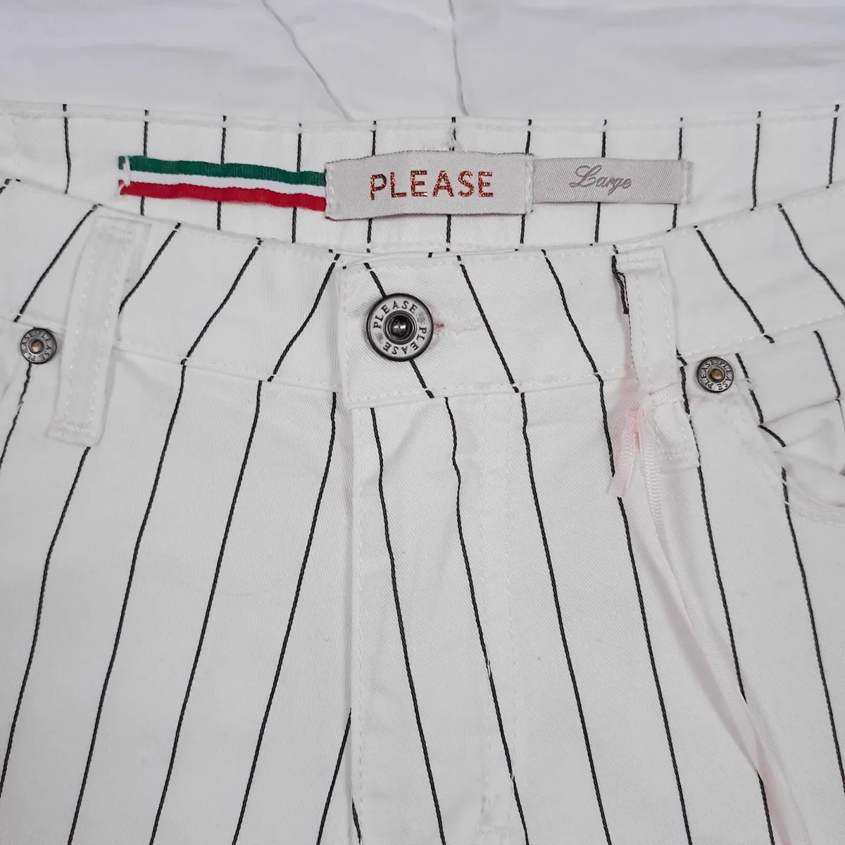 Please White Black Pinstripe Straight Trousers L - Image 3