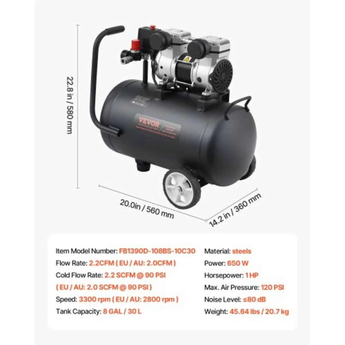 Air Compressor, 8 Gallon Steel Tank, 1HP 2.2 CFM9 - Image 4