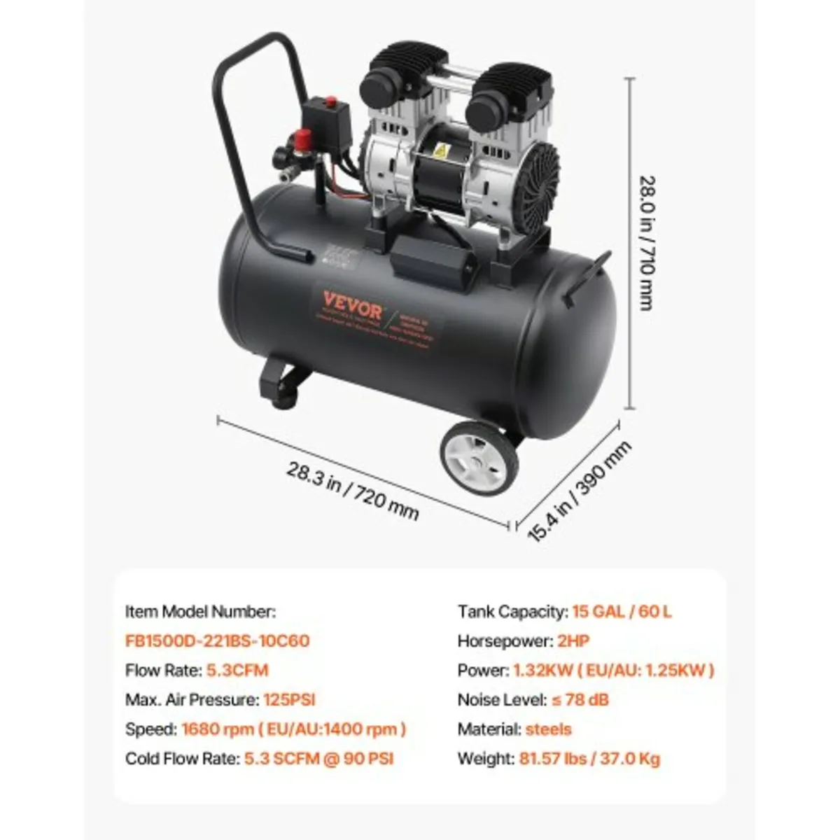 Air Compressor, 15 Gallon Steel Tank, 2HP 5.3 CFM - Image 4