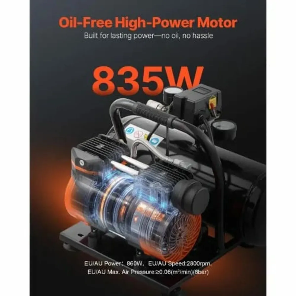 Air Compressor, 2 Gallon Steel Tank, 1HP 2.5 CFM 8 - Image 2