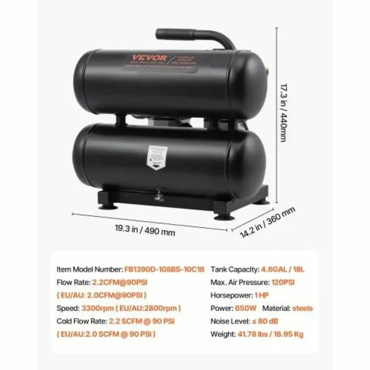 Air Compressor, 4.6 Gallon Steel Tank, 1HP 2.0 CFM - Image 3