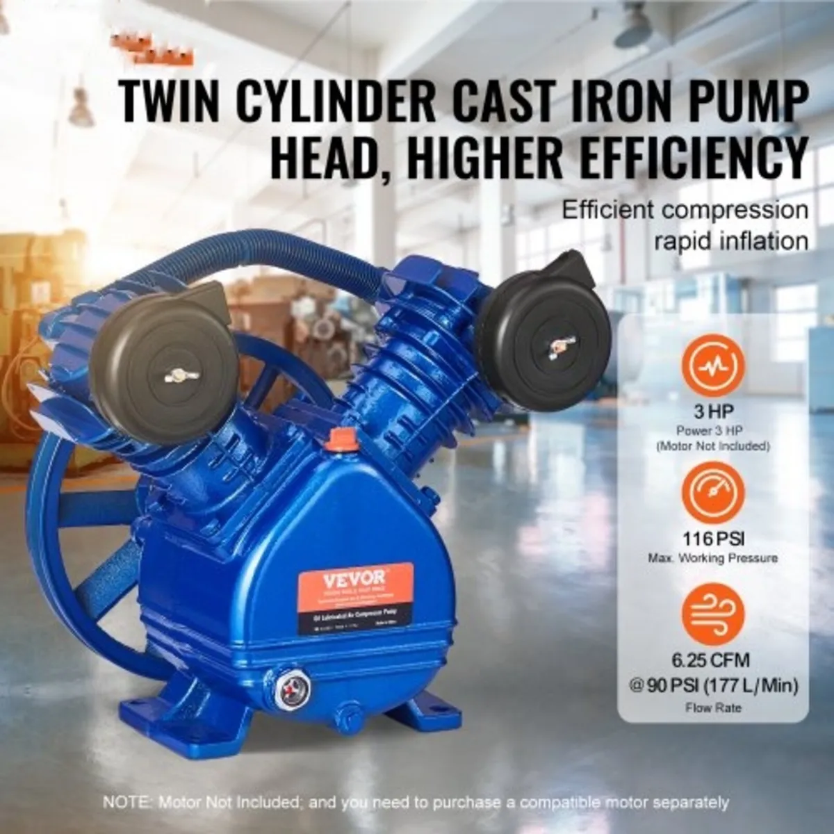 Air Compressor Pump Head, 3HP 6.25CFM  90PSI, Twi - Image 2