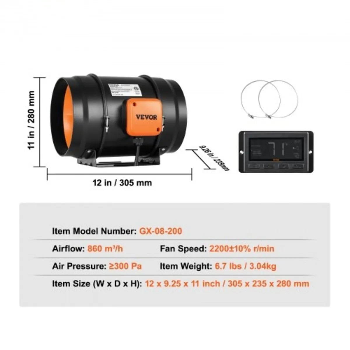 Inline Duct Fan, 203.2mm 506.2 CFM with Temperatur - Image 3