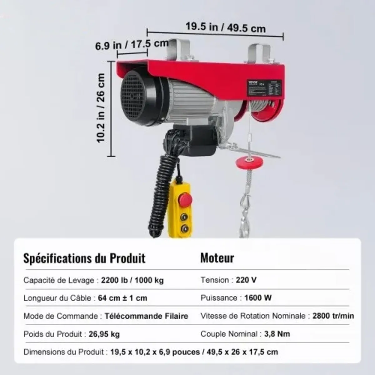 Electric Hoist, 998 kg Lifting Capacity, 1600W 220 - Image 4