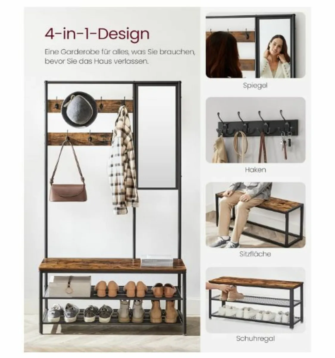 Coat Rack with Hooks Mirror Bench 35 x 98 x 180 cm - Image 4