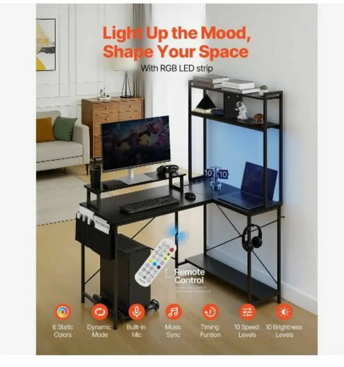 L-Shaped Gaming Desk with LED Lights - Image 4