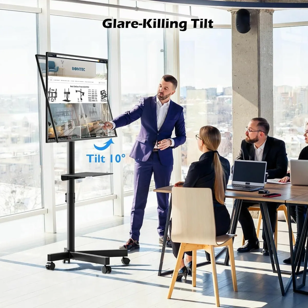 Mobile TV Stand on Wheels Rolling Cart with Media - Image 4