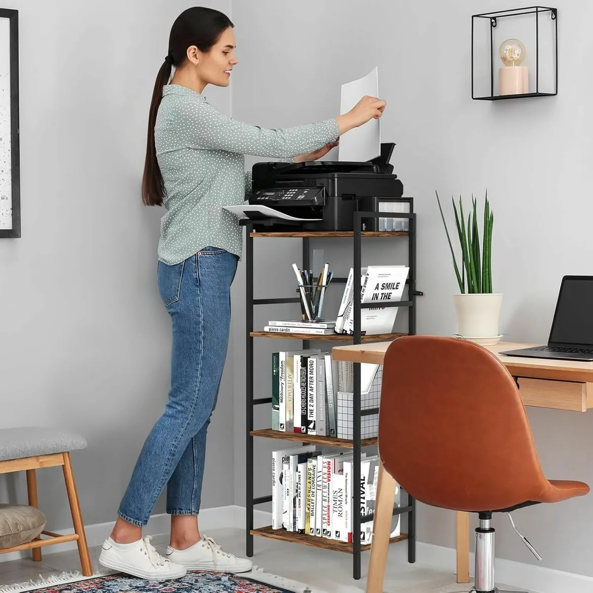 4 Tier Bookshelf with Storage Industrial Open - Image 2