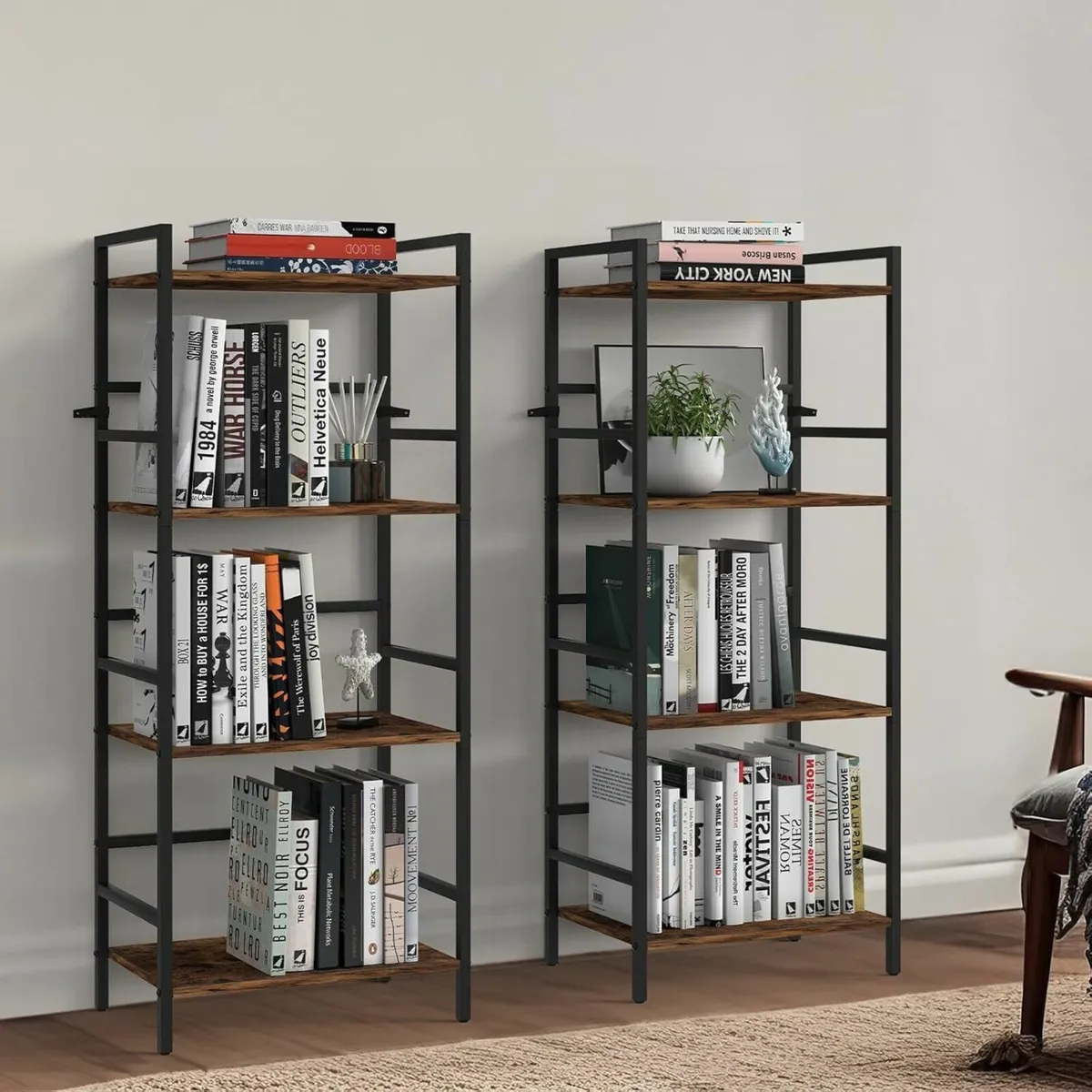 4 Tier Bookshelf with Storage Industrial Open - Image 4
