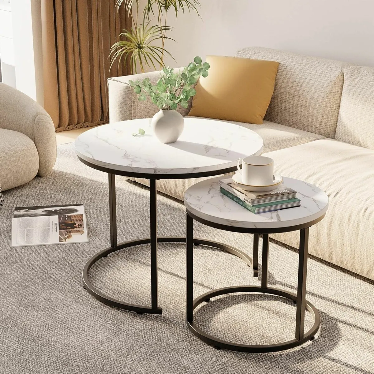 Round Coffee Tables Set of 2 End Table Nesting - Image 2