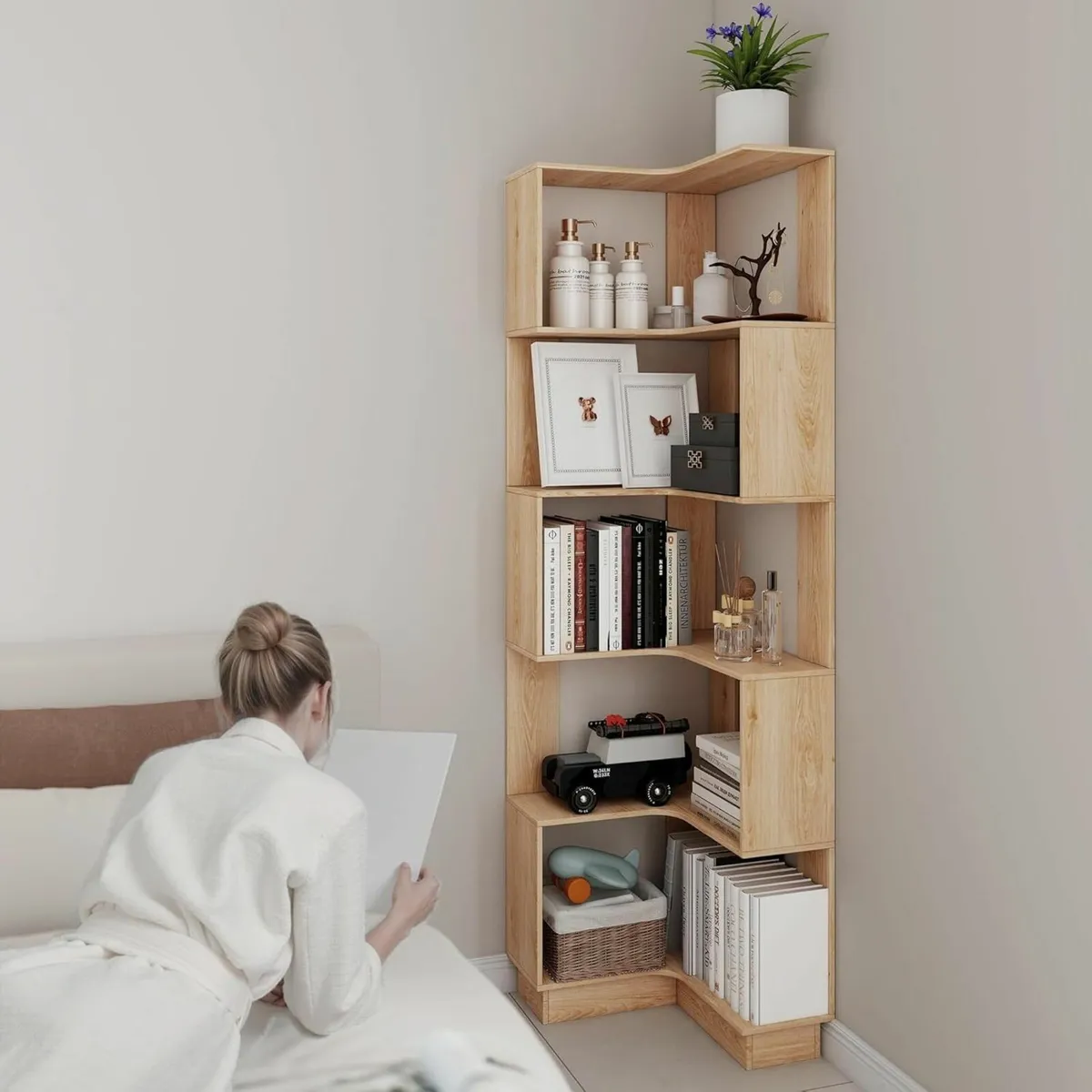 5 Tier Corner Bookcase Floor Standing Wooden - Image 3