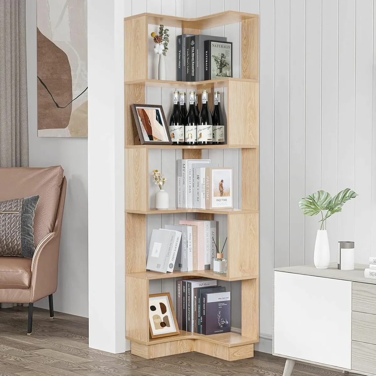 5 Tier Corner Bookcase Floor Standing Wooden - Image 1