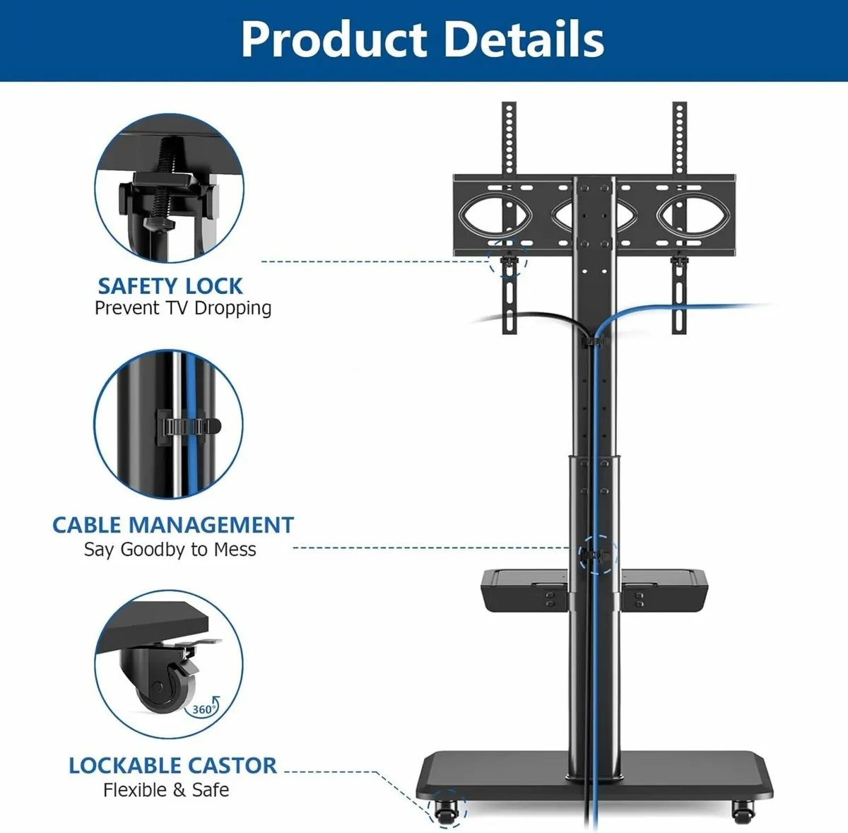 Mobile TV Stand on Wheels for Most Flat Curved - Image 2