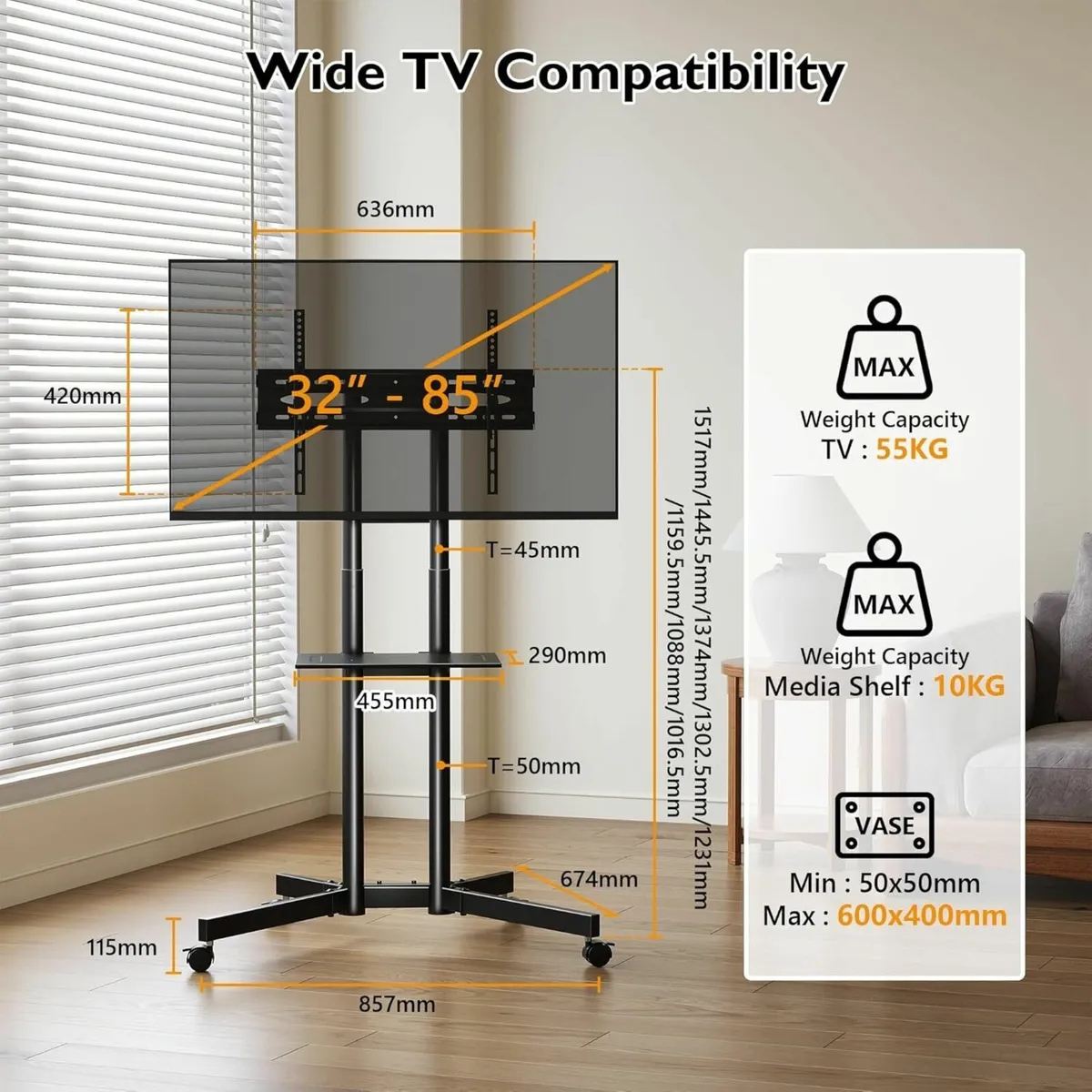Mobile TV Stand on Wheels Rolling Cart with - Image 2