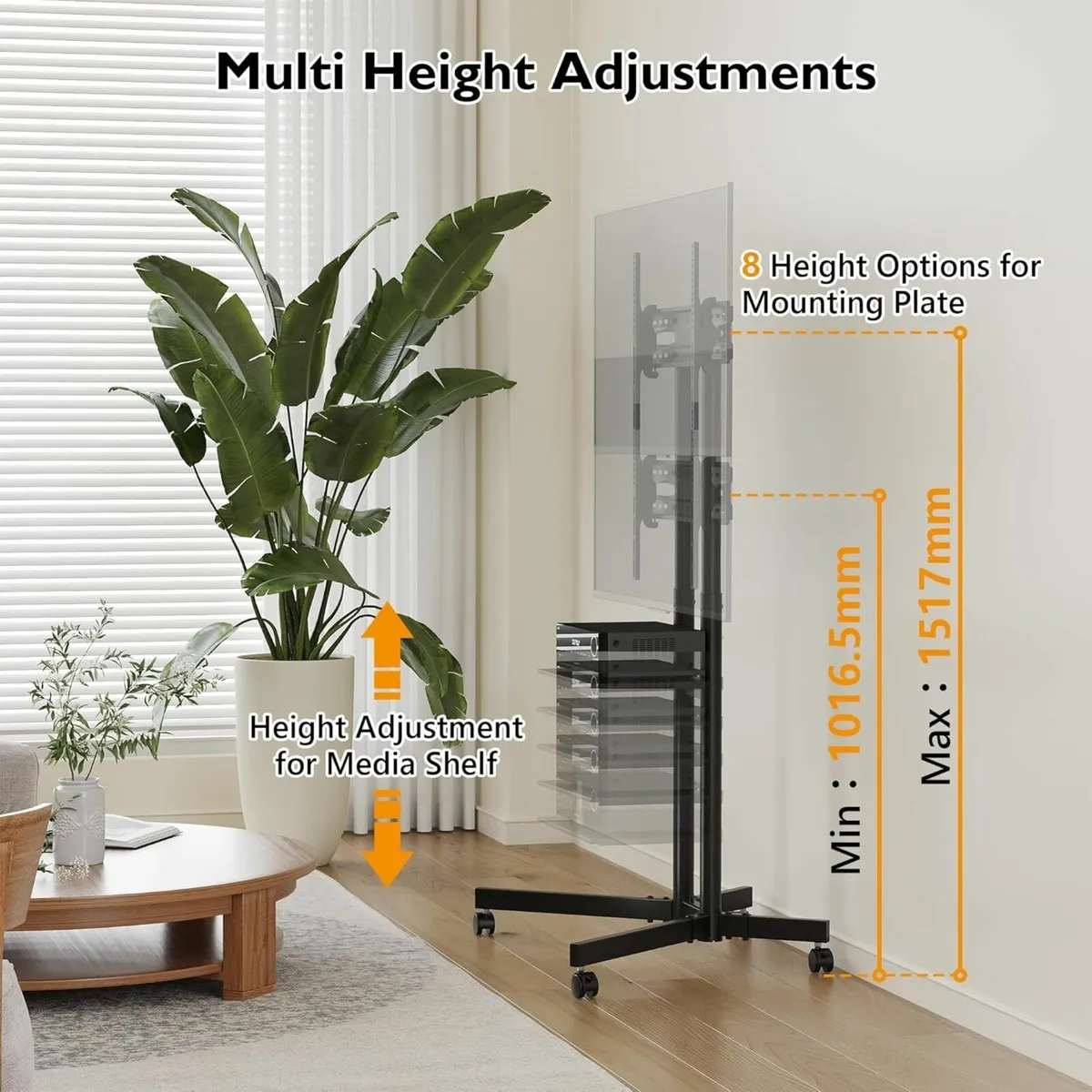 Mobile TV Stand on Wheels Rolling Cart with - Image 3
