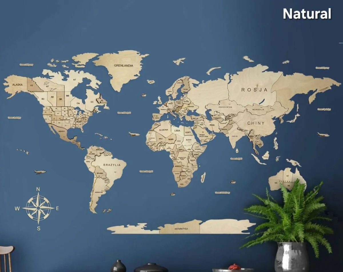 3D Classic Wooden World Map with Country Borders - Image 2