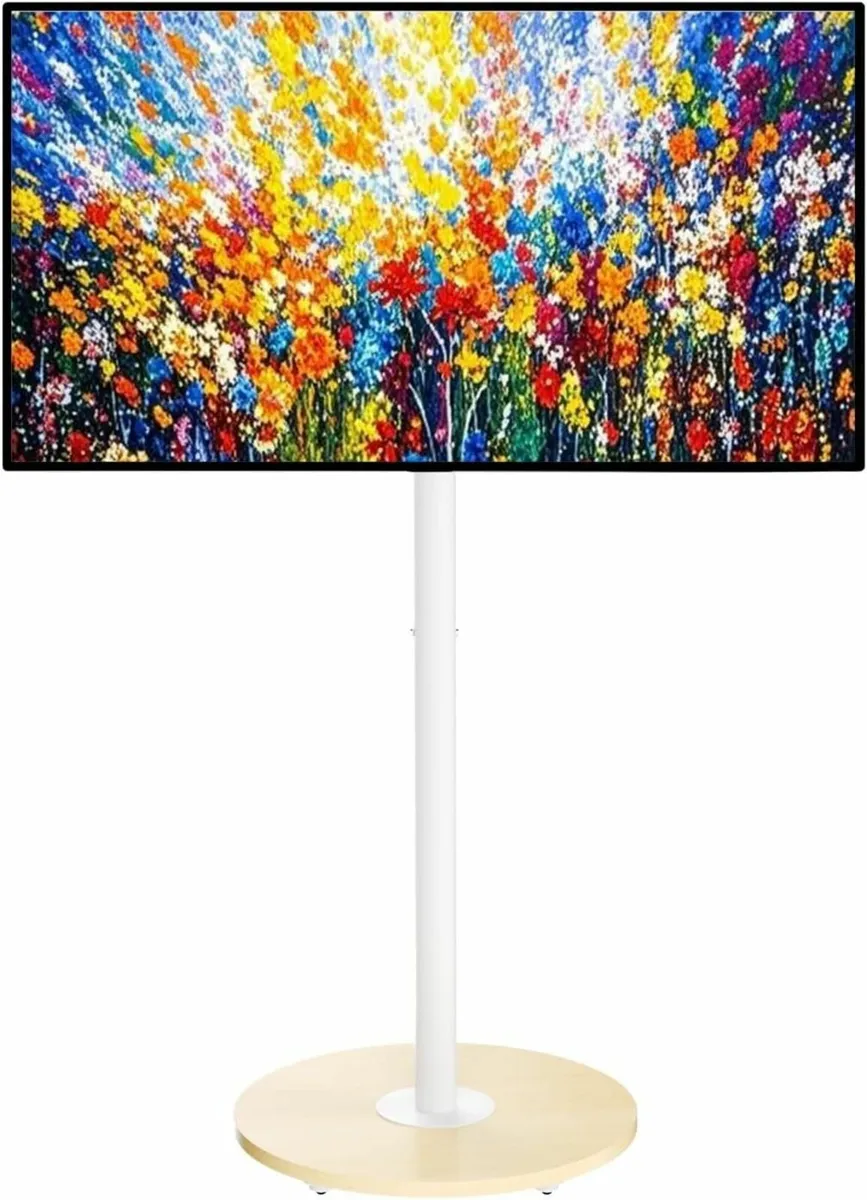 White Floor TV Stand with Wheels Adjustable - Image 1