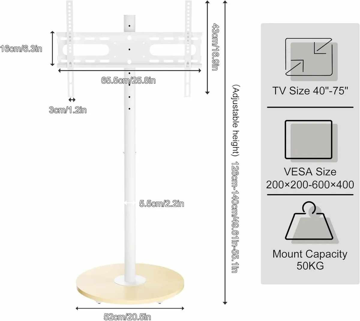 White Floor TV Stand with Wheels Adjustable - Image 2