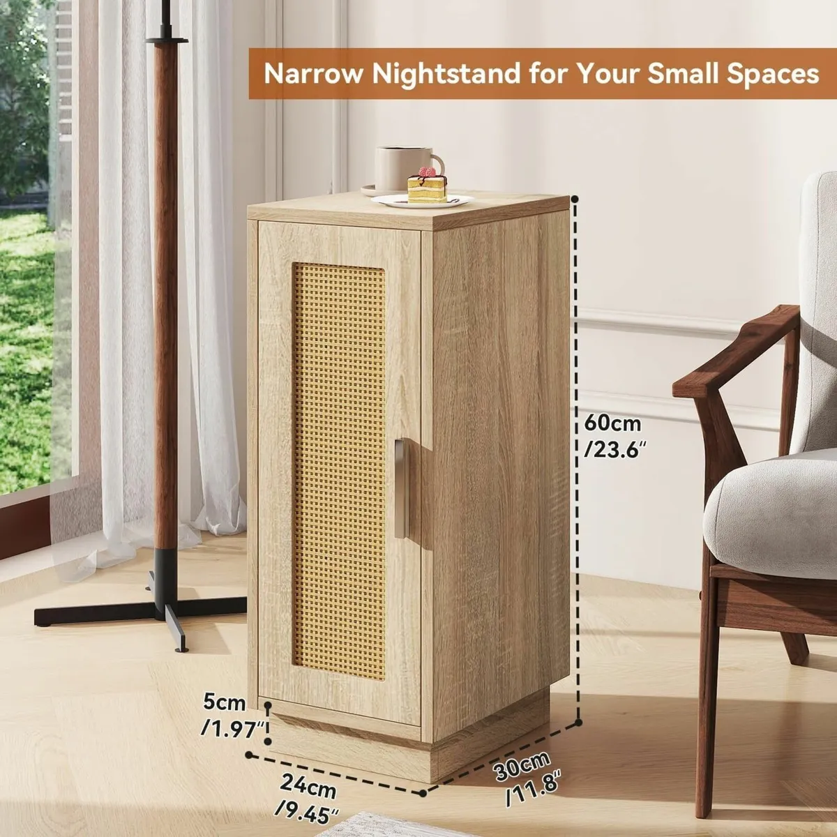Slim Bedside Table Set of 2 Rattan Nightstand - Image 3