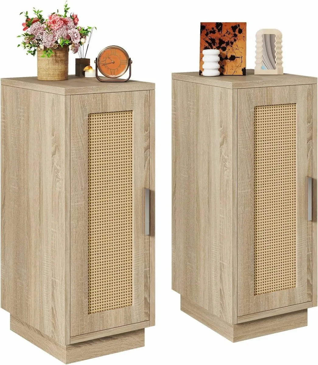 Slim Bedside Table Set of 2 Rattan Nightstand - Image 1