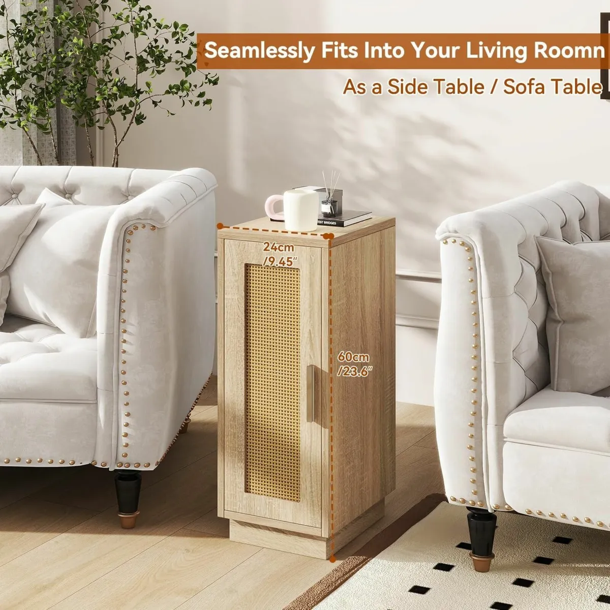 Slim Bedside Table Set of 2 Rattan Nightstand - Image 4