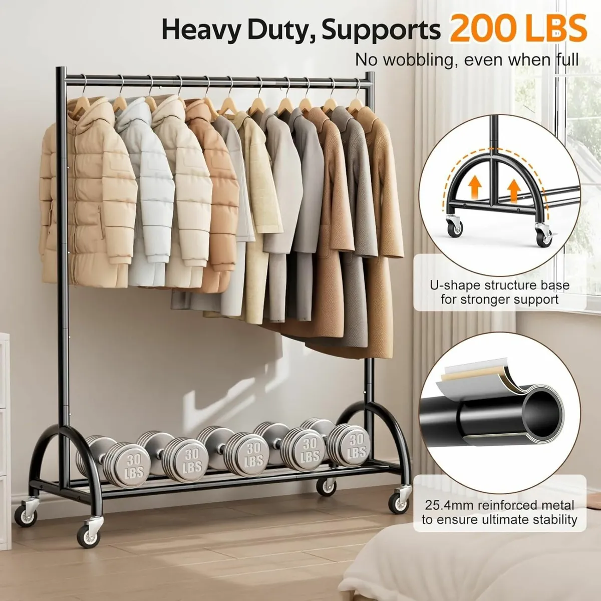 Heavy Duty Clothes Rail on Wheels for Bedroom - Image 2