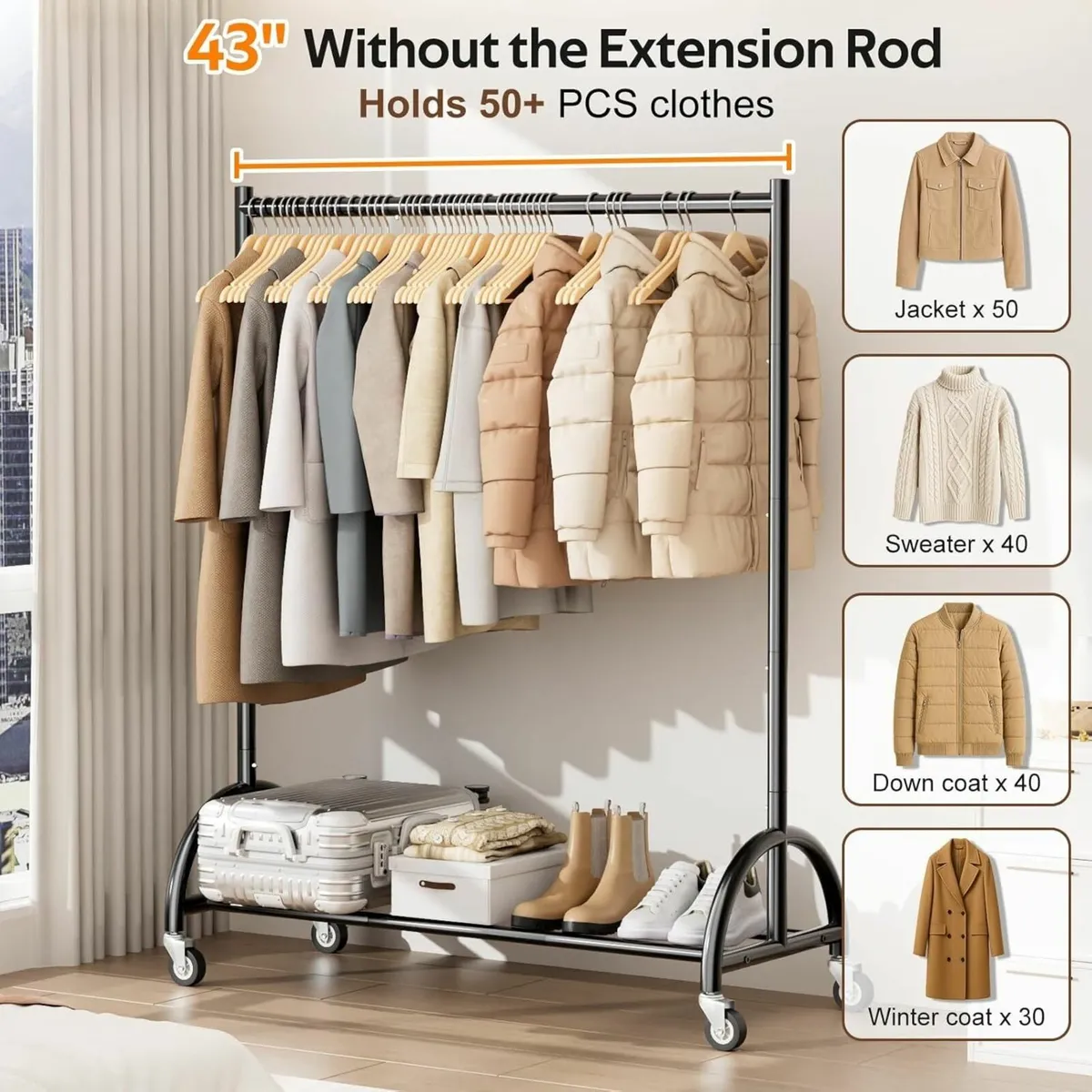 Heavy Duty Clothes Rail on Wheels for Bedroom - Image 3