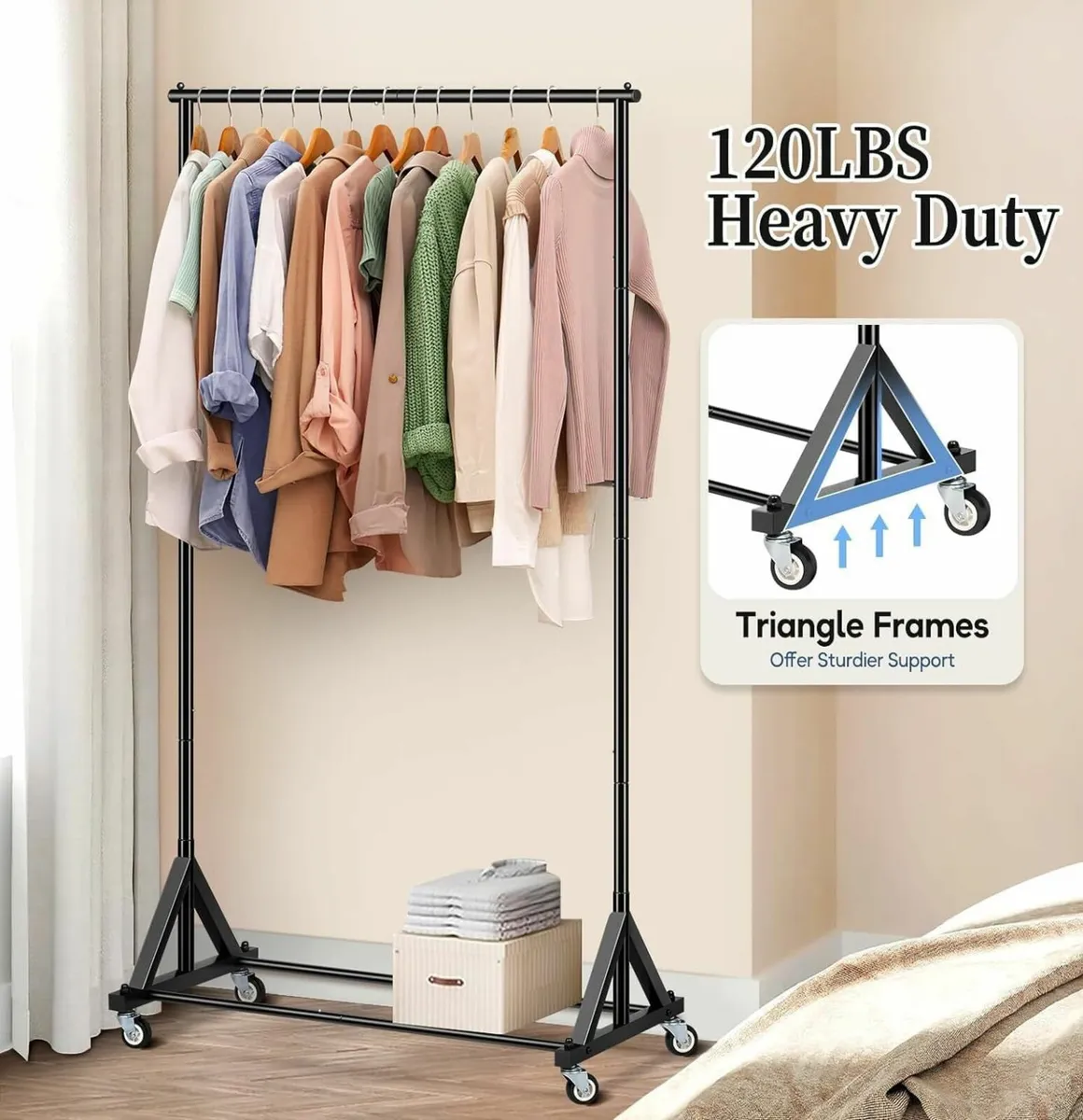 Heavy Duty Small Clothes Rail for Bedroom Rolling - Image 3