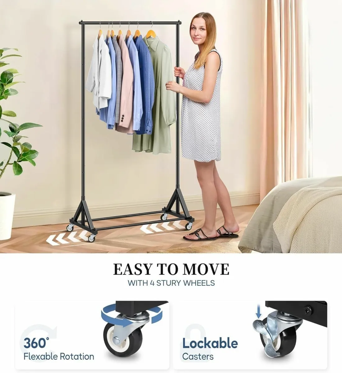 Heavy Duty Small Clothes Rail for Bedroom Rolling - Image 4