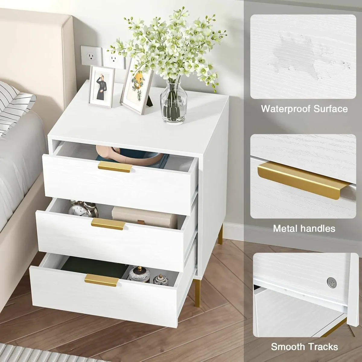 Bedside Table with 3 Drawers White Nigntstand for - Image 3