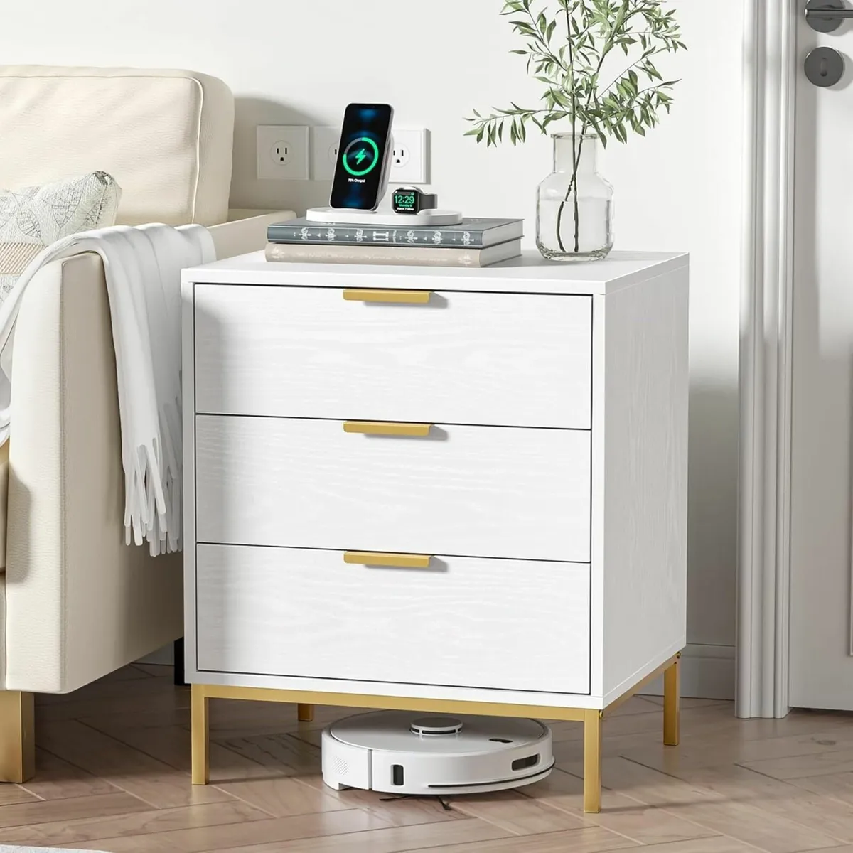 Bedside Table with 3 Drawers White Nigntstand for - Image 4