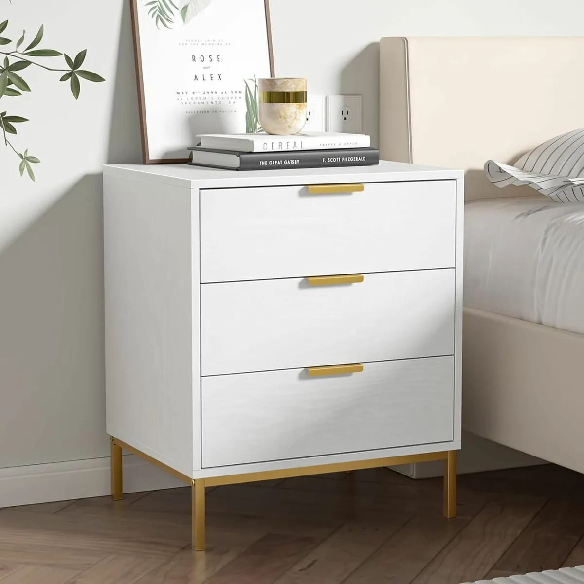 Bedside Table with 3 Drawers White Nigntstand for - Image 1