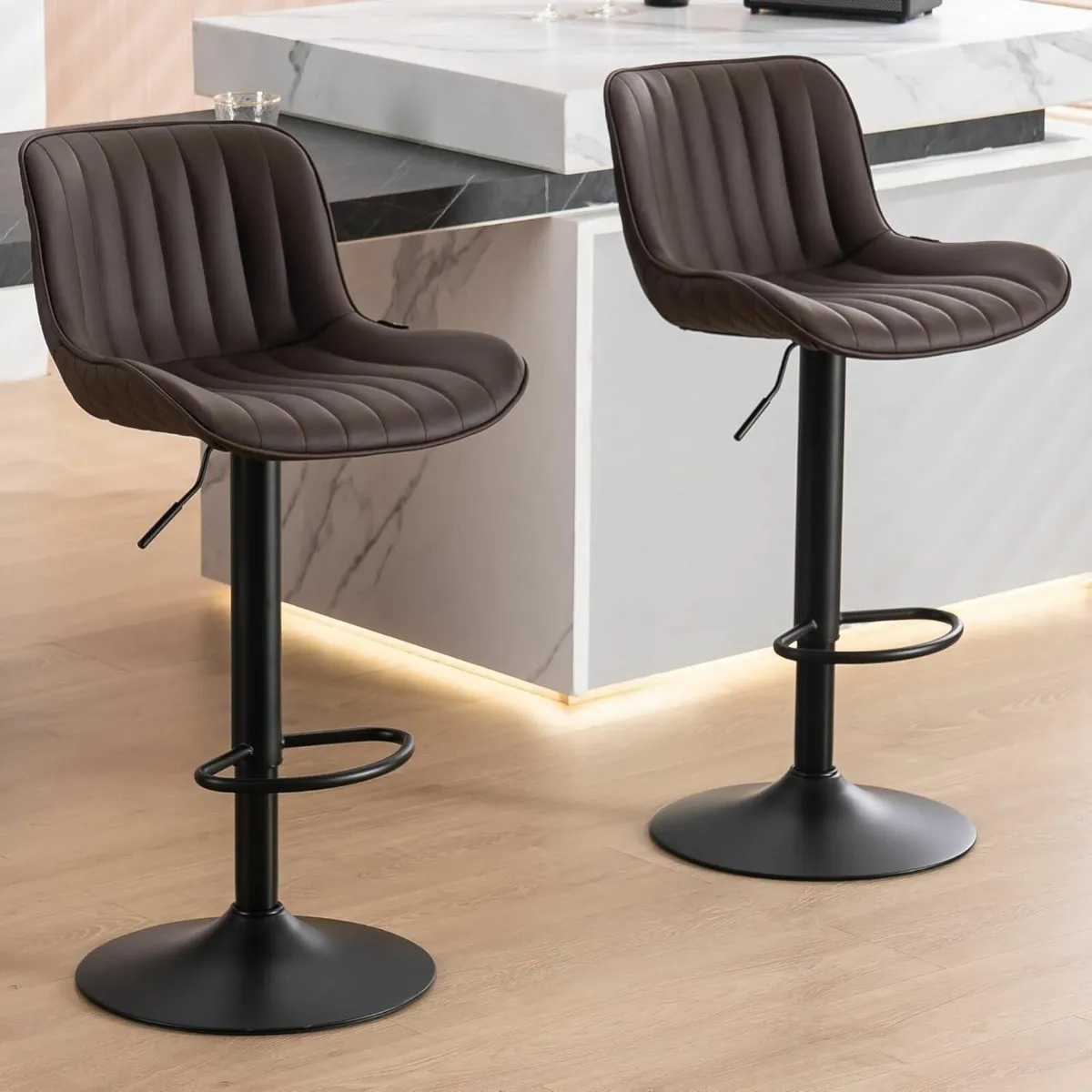 Bar Stools Set of 2 Brown PU Leather Upholstered - Image 1