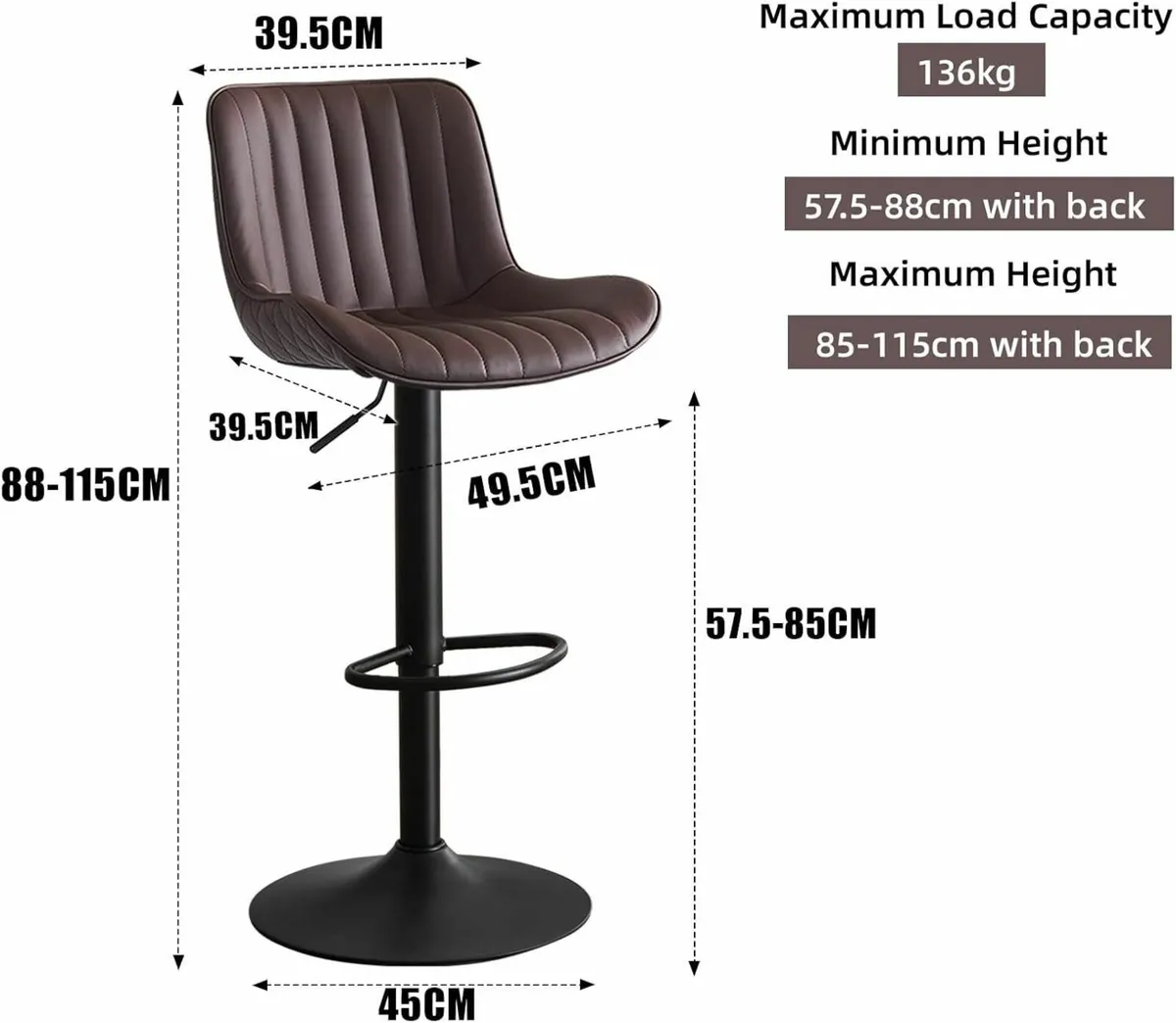 Bar Stools Set of 2 Brown PU Leather Upholstered - Image 2