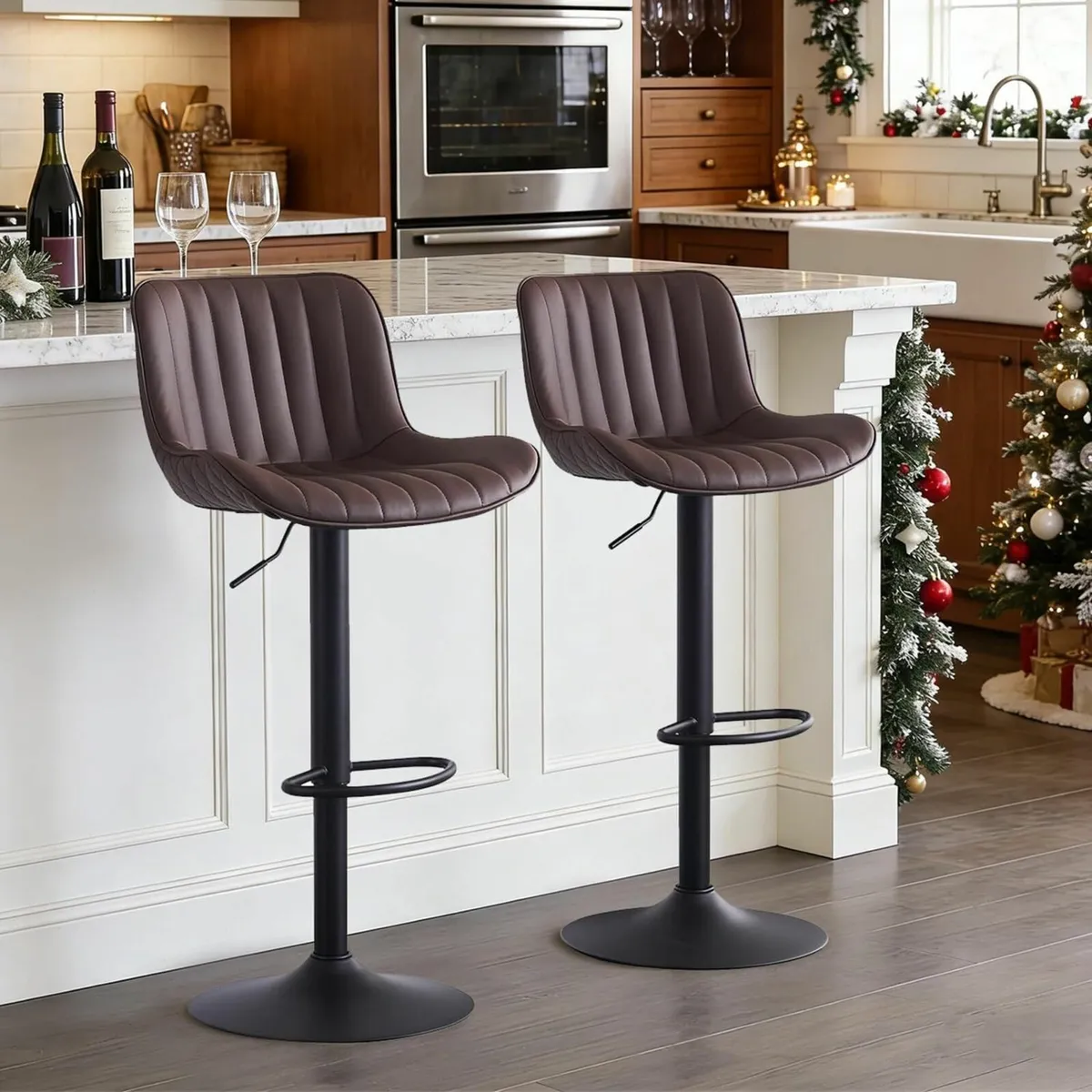Bar Stools Set of 2 Brown PU Leather Upholstered - Image 4